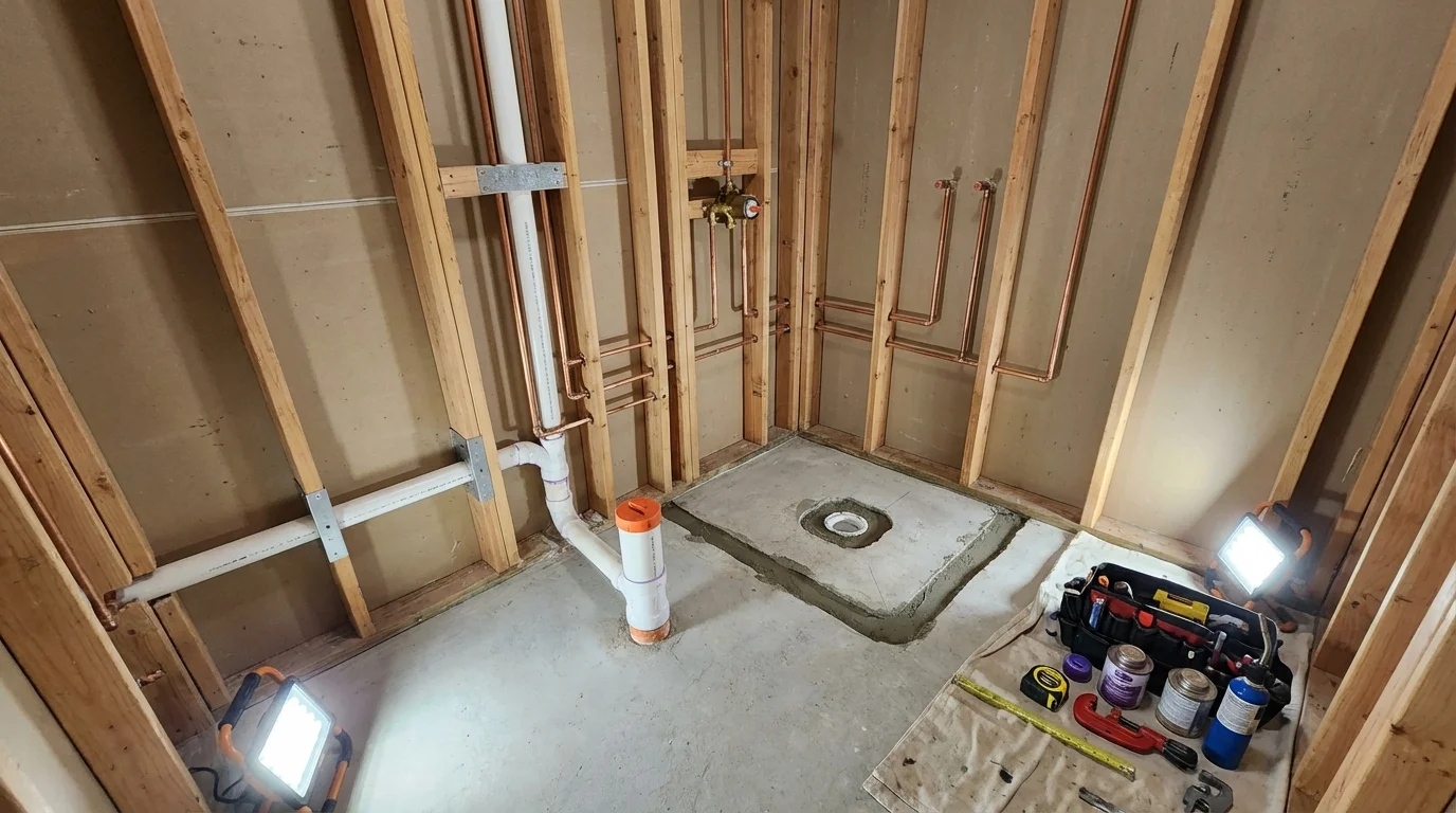 Bathroom rough-in plumbing during remodel by Johns Plumbing LLC in Menlo Park