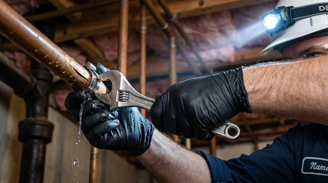 Emergency pipe clamp repair being performed by a Johns Plumbing LLC plumber in Menlo Park