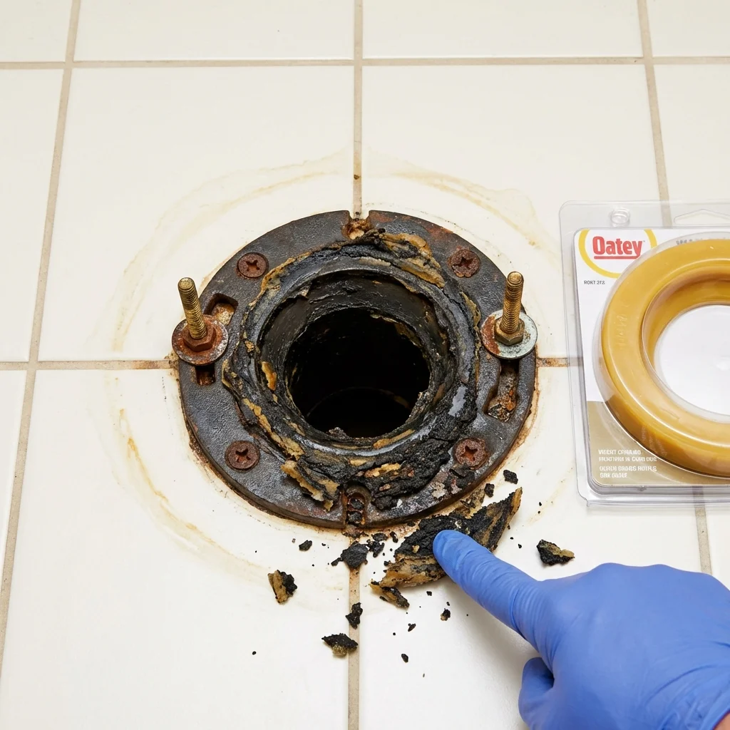 Failed wax ring showing water seepage at the base of a toilet in a Menlo Park, CA home